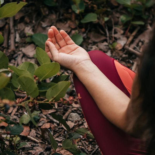 Person meditating peacefully surrounded by nature elements.